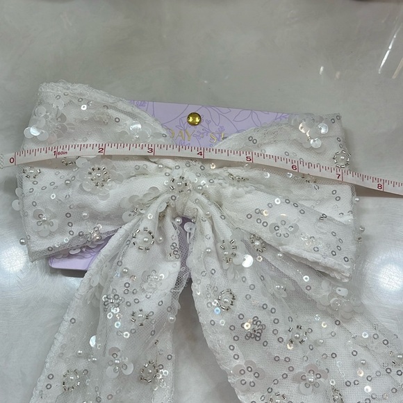 Sunday State Large White Hair Bow, Sequin, Pearl, Flower Detail - Picture 5 of 6